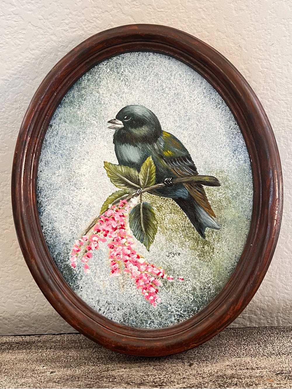 Original Bird and Pink Blossoms Wood framed oval birdie painting by "Joyce" 9×11